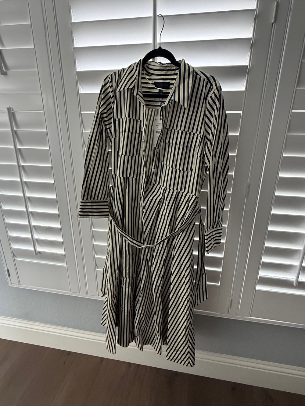 Striped Shirt Dress with Tie Waist - Navy & White